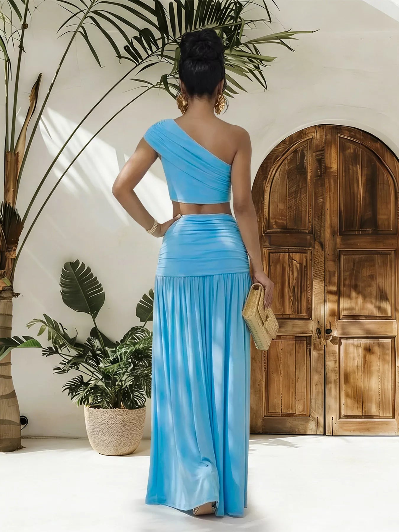 Hazel Blues® |  One-Shoulder Top and Ruched Maxi Skirt Set