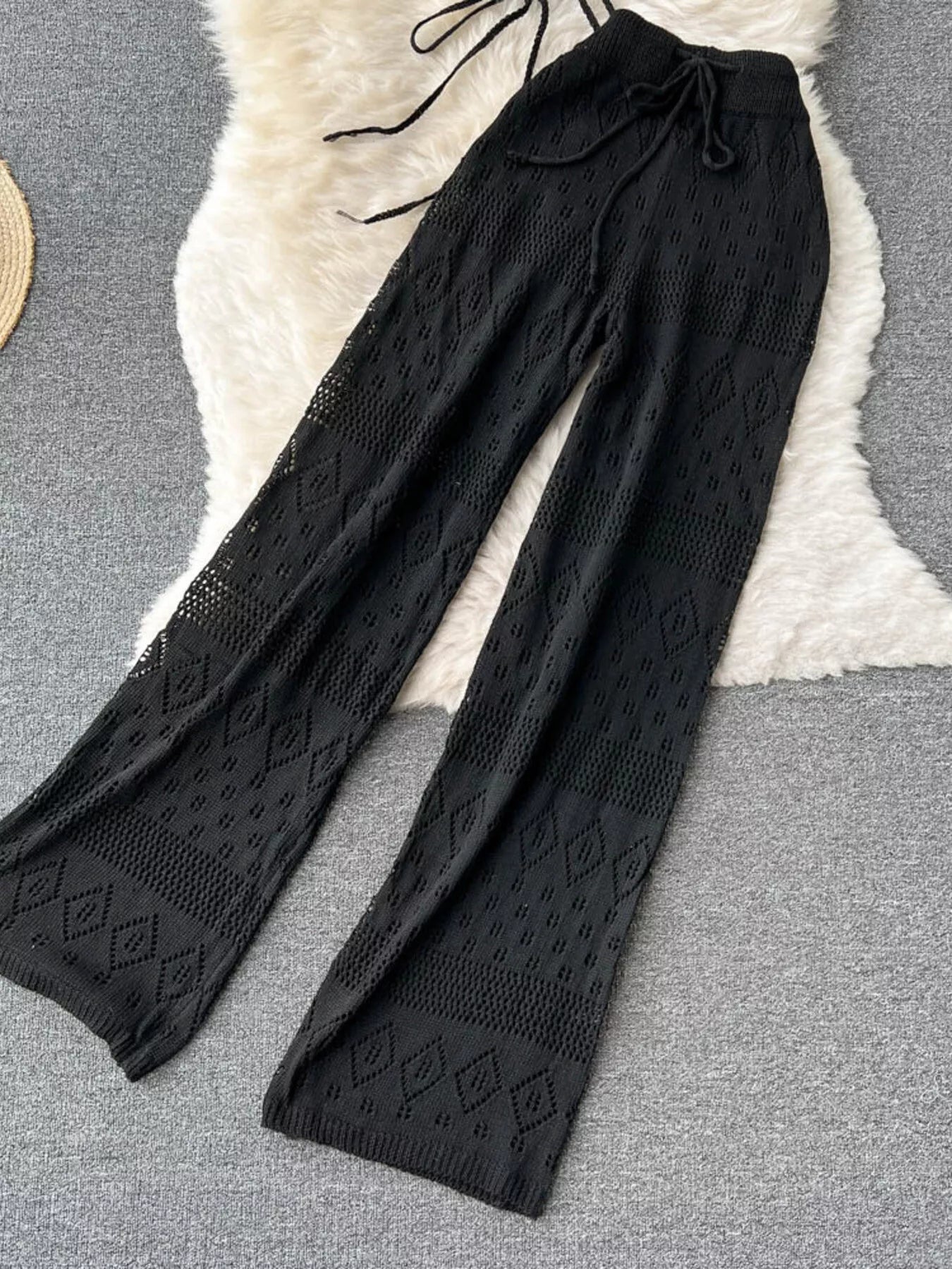 Hazel Blues® |  Crochet Knit Halter Neck Top and Wide Leg Pants Set