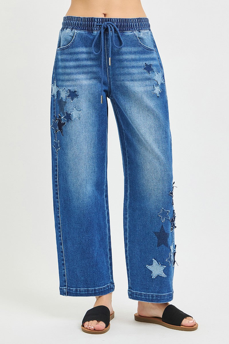 Hazel Blues® |  RISEN Elastic Band Slouchy Cropped Barrel with Star Patch