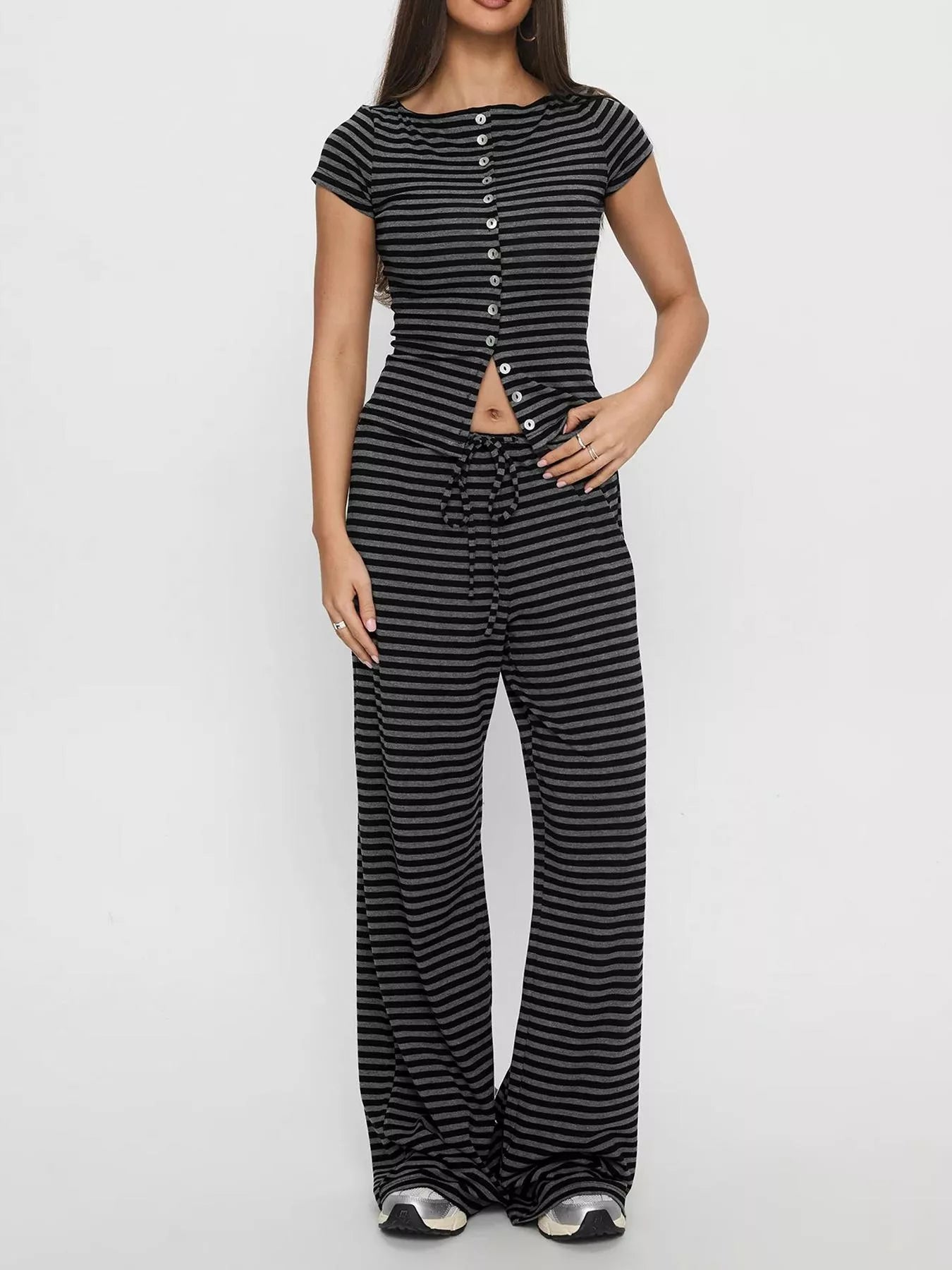 Hazel Blues® |  Striped Button-Down Top and Wide-Leg Pants Set