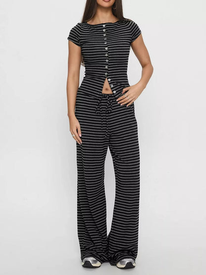 Hazel Blues® |  Striped Button-Down Top and Wide-Leg Pants Set