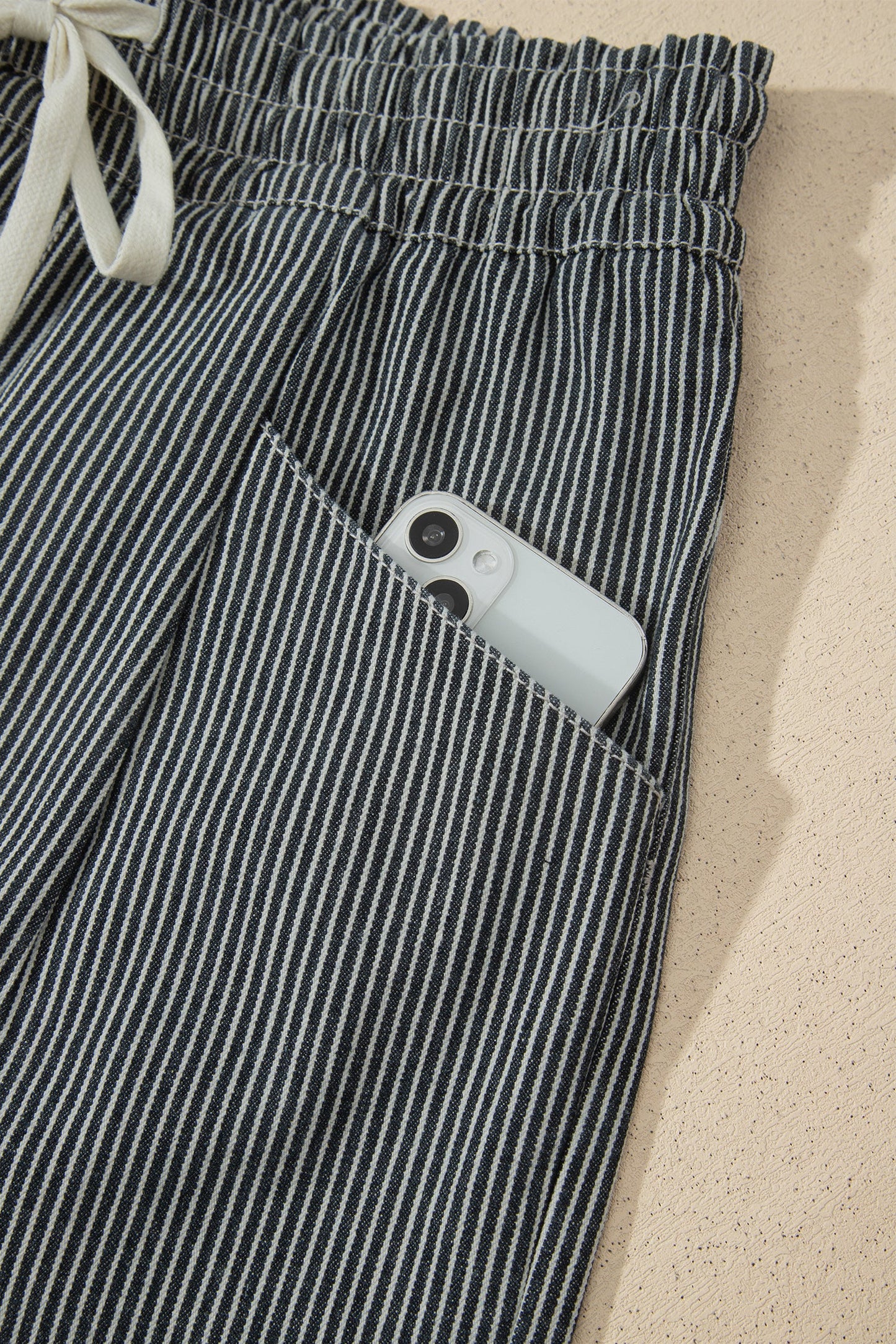 Hazel Blues® |  Black Stripe Raw Edge Drawstring Elastic Waist Casual Denim Shorts