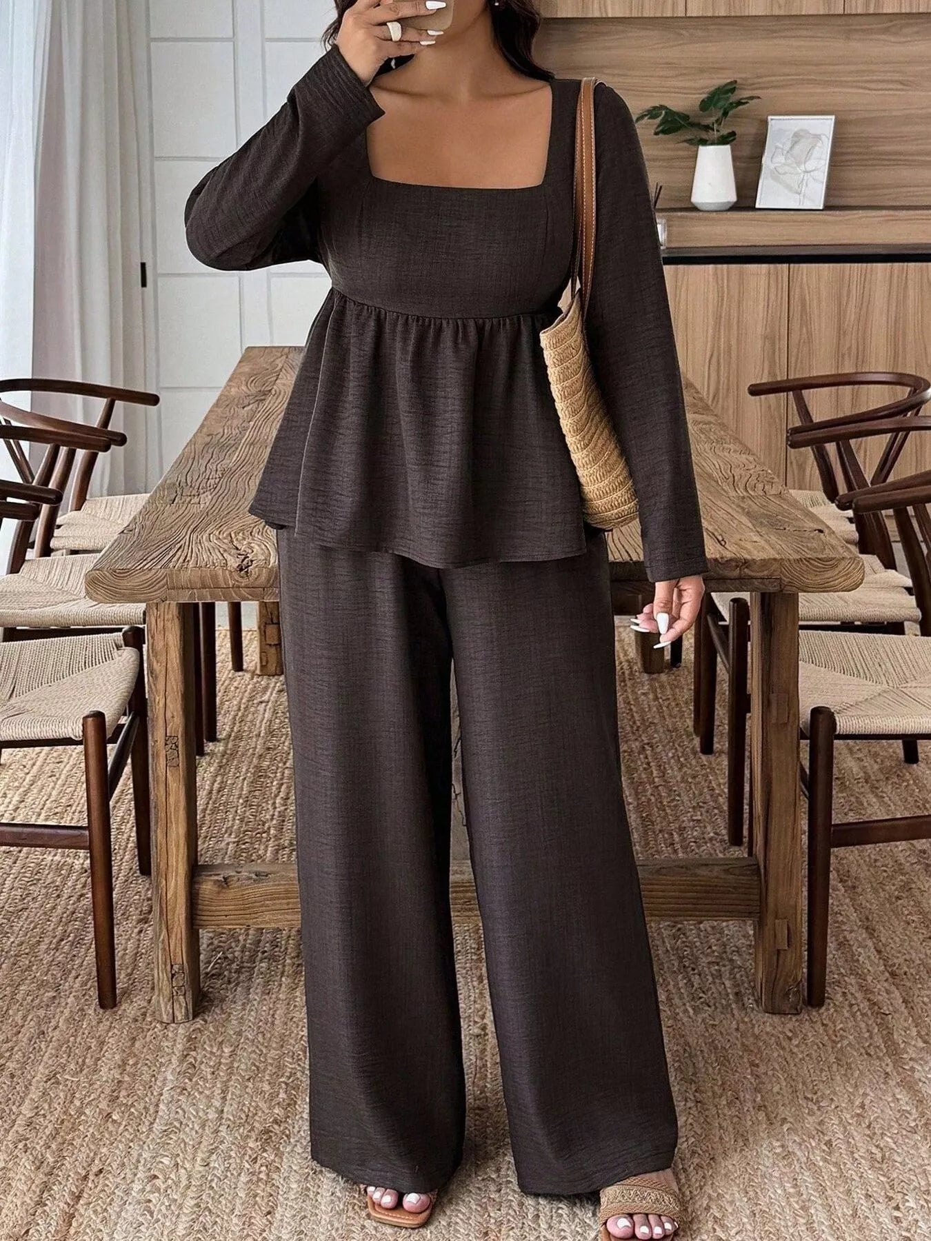 Hazel Blues® | Square Neck Long Sleeve Top and Pants Two-Piece Set