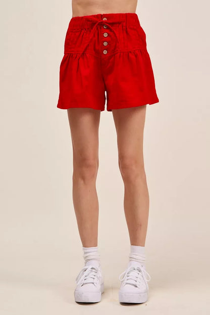 Hazel Blues® |  SO ME Solid Twill Denim Pintucked Buttoned Shorts With Waist Tie