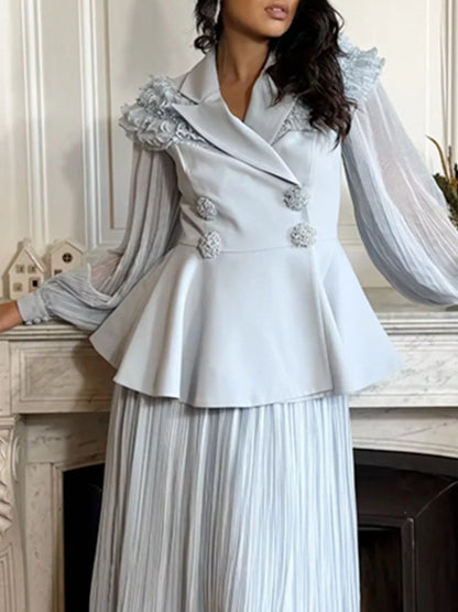 Hazel Blues® |  Frill Lapel Collar Top and Pleated Skirt Set