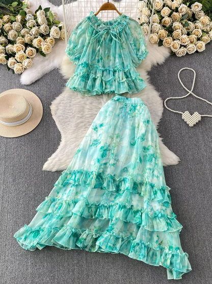 Hazel Blues® |  Floral Print Ruffle Hem Blouse and Skirt Set