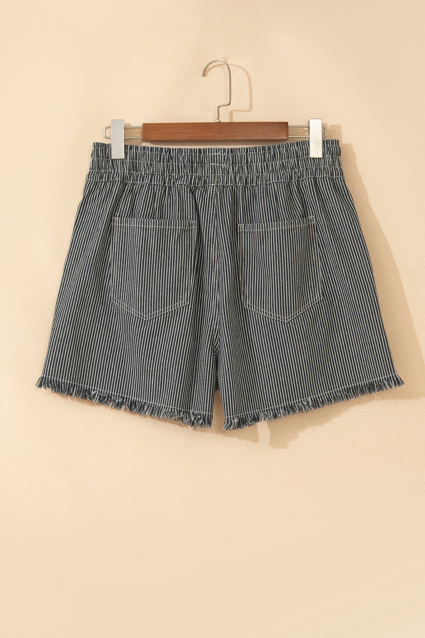 Hazel Blues® |  Black Stripe Raw Edge Drawstring Elastic Waist Casual Denim Shorts