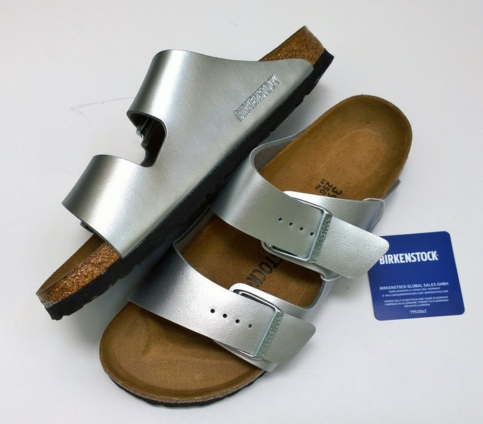 Birkenstock Arizona Silver Slides Birko-flor Sandals Narrow Flats New in Box
