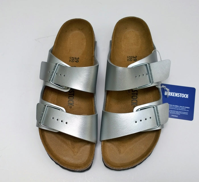 Birkenstock Arizona Silver Slides Birko-flor Sandals Narrow Flats New in Box