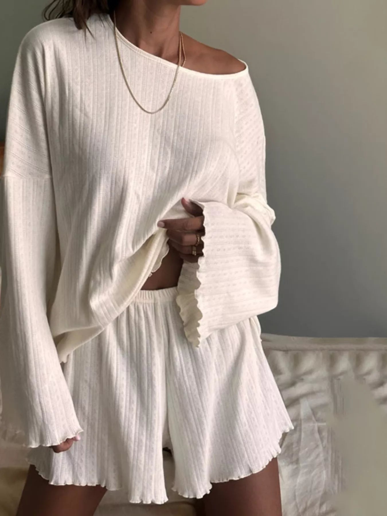 Hazel Blues® |  Ribbed Knit Long Sleeve Top and Shorts Lounge Set