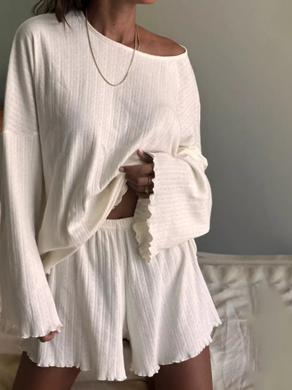 Hazel Blues® |  Ribbed Knit Long Sleeve Top and Shorts Lounge Set