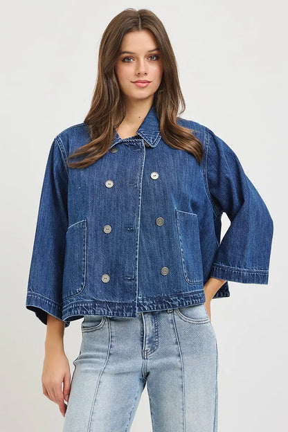 Hazel Blues® |  RISEN Double-Breasted Flowy Cropped Denim Jacket