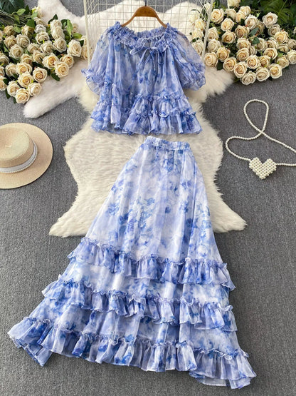 Hazel Blues® |  Floral Print Ruffle Hem Blouse and Skirt Set