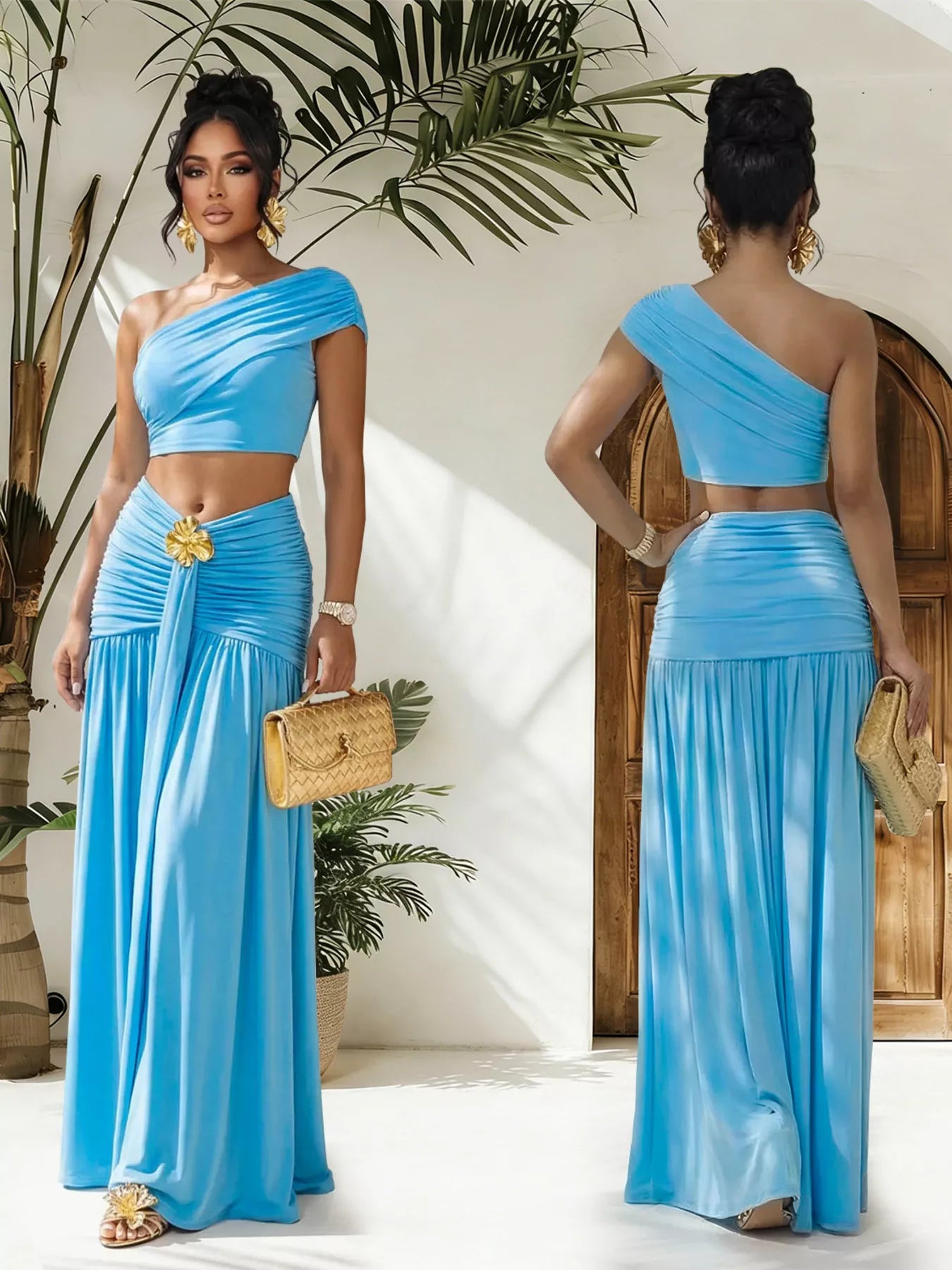 Hazel Blues® |  One-Shoulder Top and Ruched Maxi Skirt Set