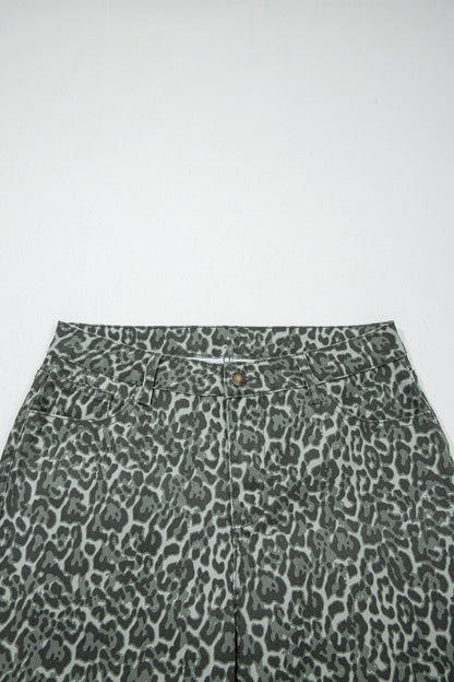 Hazel Blues® |  Gray Leopard Frayed Edge Wide Leg High Waist Jeans