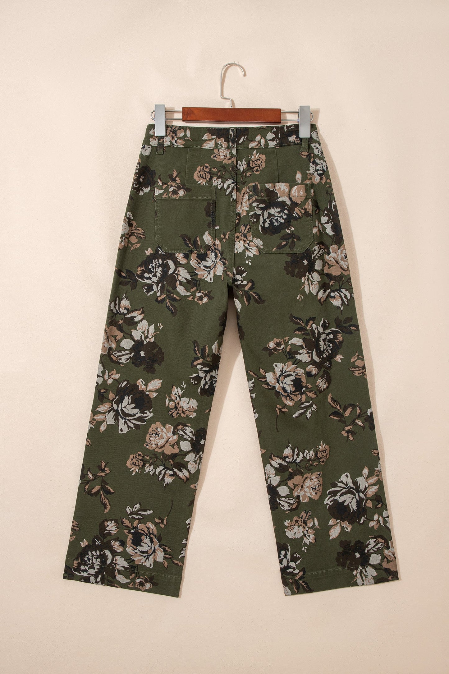 Hazel Blues® |  Green Vintage Floral Print Square Patch Pocket Raw Hem Shift Jeans