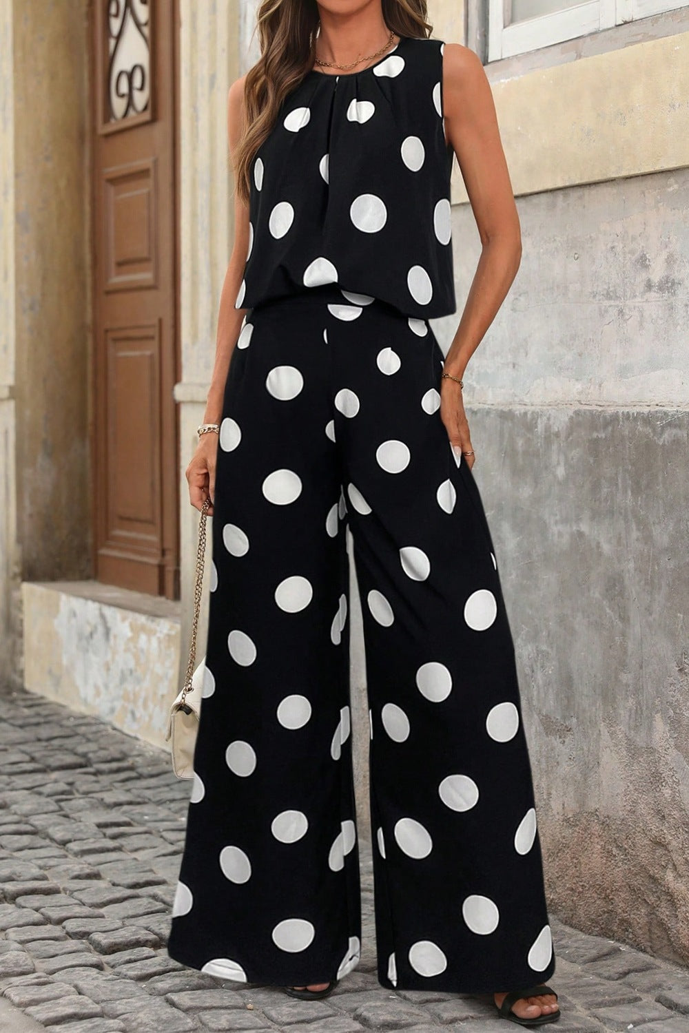 Hazel Blues® |  Sleeveless Polka Dot Top and Pants Set