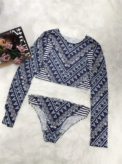 Hazel Blues® |  Printed Long Sleeve Top and Brief Swim Set