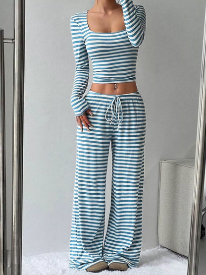 Hazel Blues® |  Striped Long Sleeve Crop Top & Wide Leg Pants Set