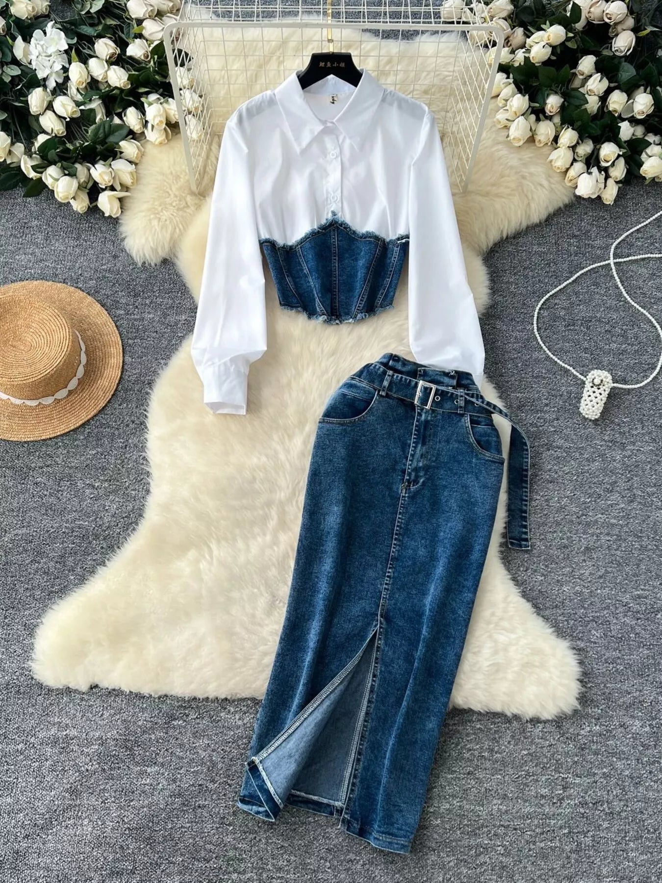 Hazel Blues® |  Frayed Denim Patchwork Top & Slit Maxi Skirt Denim Set