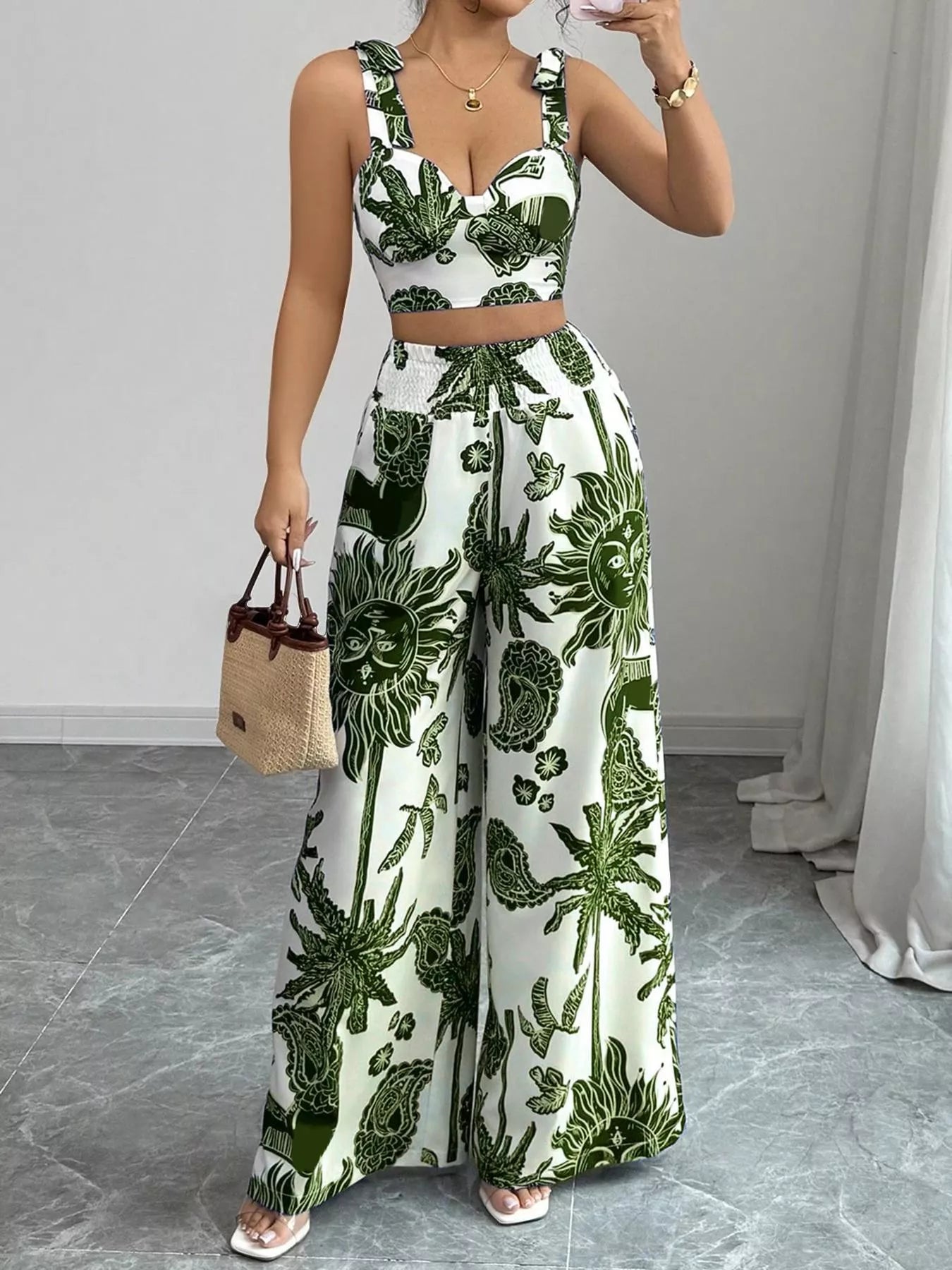 Hazel Blues® |  Floral Print Crop Top and Wide Leg Pants Set