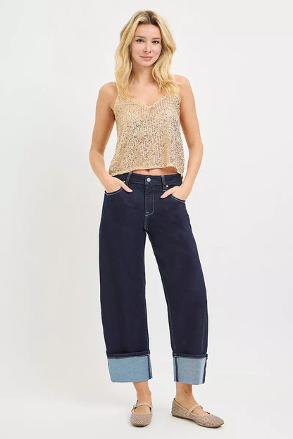 Hazel Blues® |  RISEN Slouchy Crop Barrel Cuffed Hem Jeans