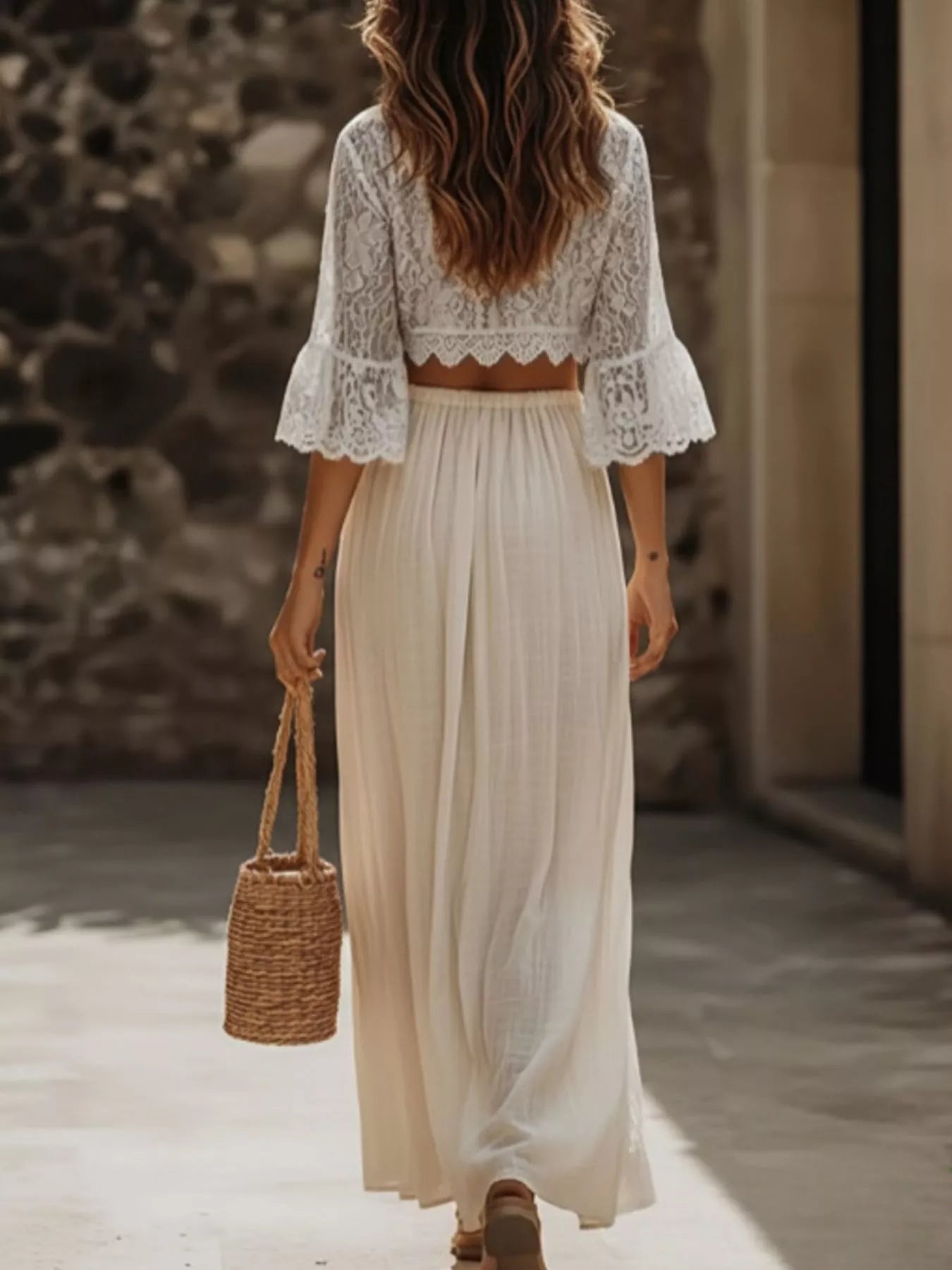 Hazel Blues® |  Lace Crop Top and Slit Maxi Skirt Set