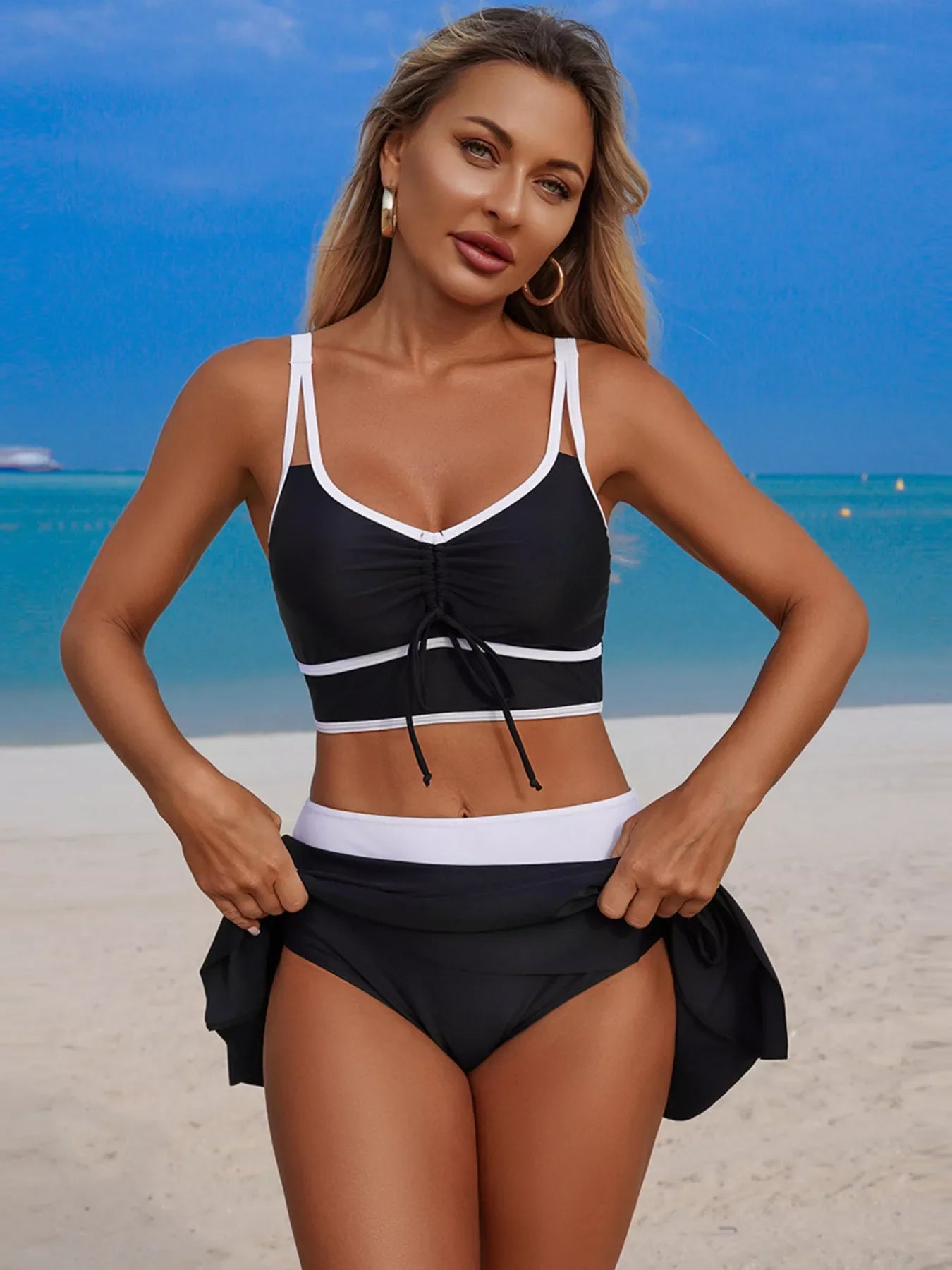 Hazel Blues® |  Contrast Trim Drawstring Swim Set