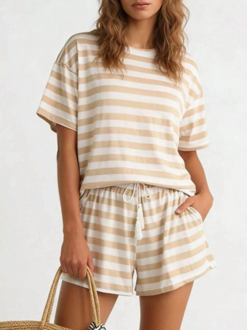 Hazel Blues® |  Striped Short Sleeve Tee and Drawstring Shorts Set