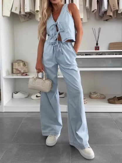 Hazel Blues® |  Tie Front Vest and Jeans Denim Set