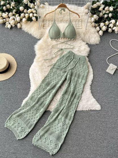 Hazel Blues® |  Crochet Knit Halter Neck Top and Wide Leg Pants Set