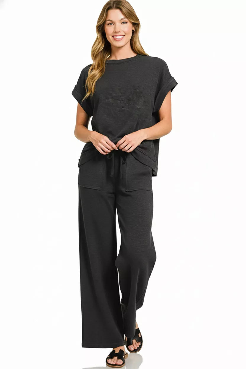 Hazel Blues® |  Zenana Cotton Slub Short Sleeve Tee and Pants Set