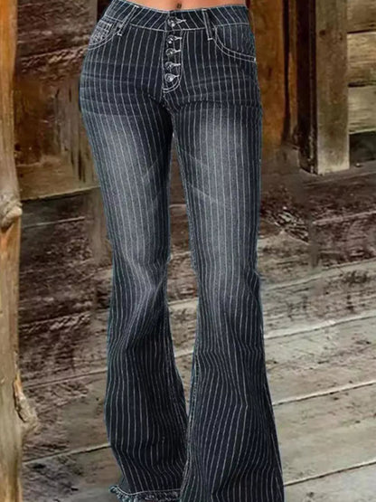 Hazel Blues® |  Striped Button Fly Flare Jeans