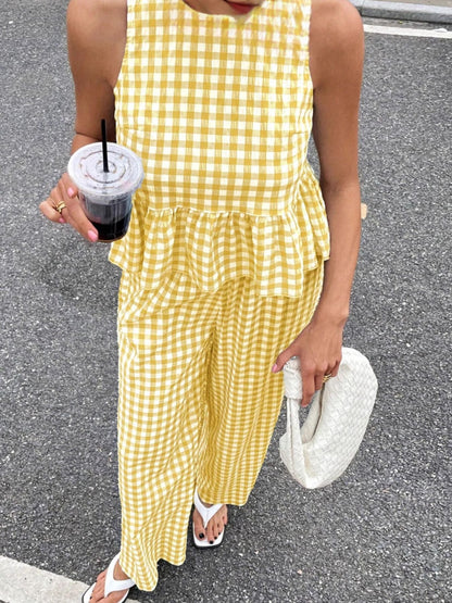 Hazel Blues® |  Gingham Sleeveless Top and Wide-Leg Pants Set