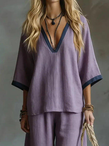 Hazel Blues® |  Contrast Trim V-Neck Top and Pants Set