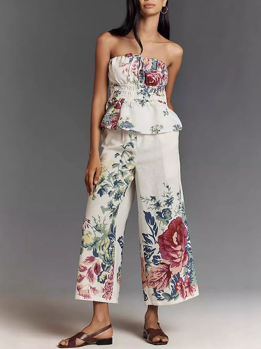 Hazel Blues® |  Floral Print Strapless Top and Wide-Leg Pants Set