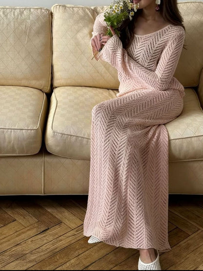 Hazel Blues® |  Openwork Long Sleeve Knit Top and Skirt Set