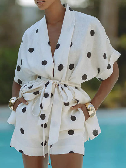 Hazel Blues® |  Polka Dot Tie Waist Top and Shorts Set
