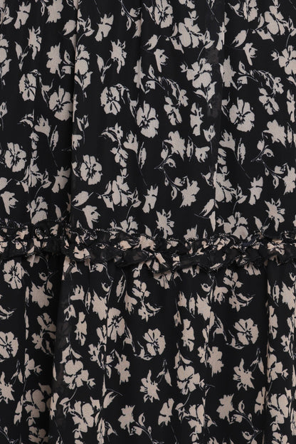 Edwina Shirred Frill Long Sleeve Midi Dress - Black Ditsy Floral