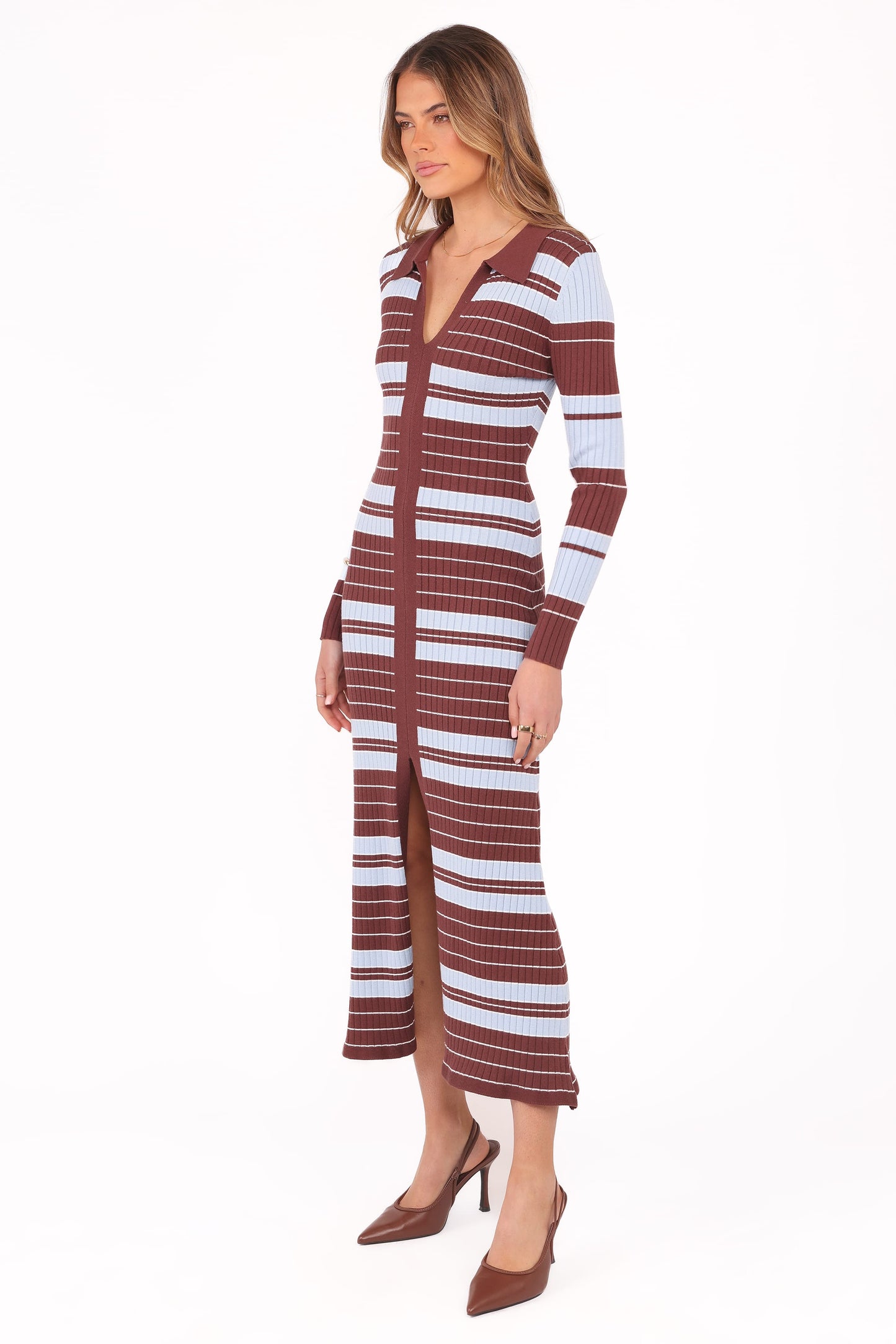 Eliana Long Sleeve Midi Dress - Brown Blue Stripe