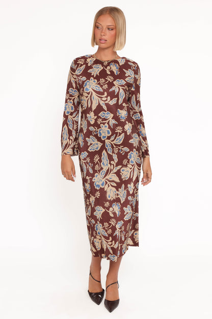 Morena Long Sleeve Midi Dress - Brown Floral