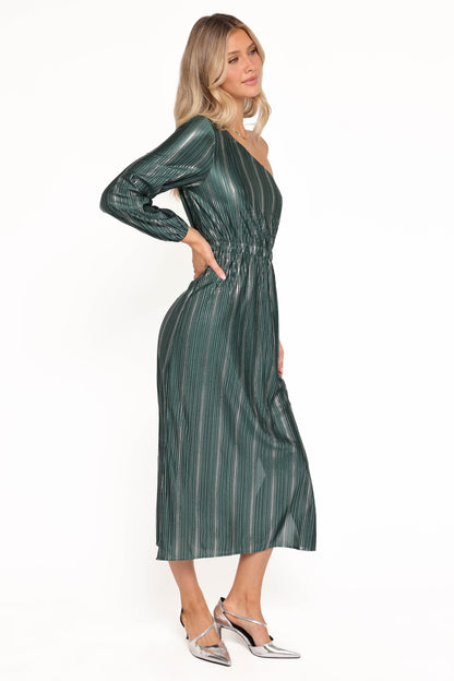 Pontee One Shoulder Pleated Midi Dress - Green