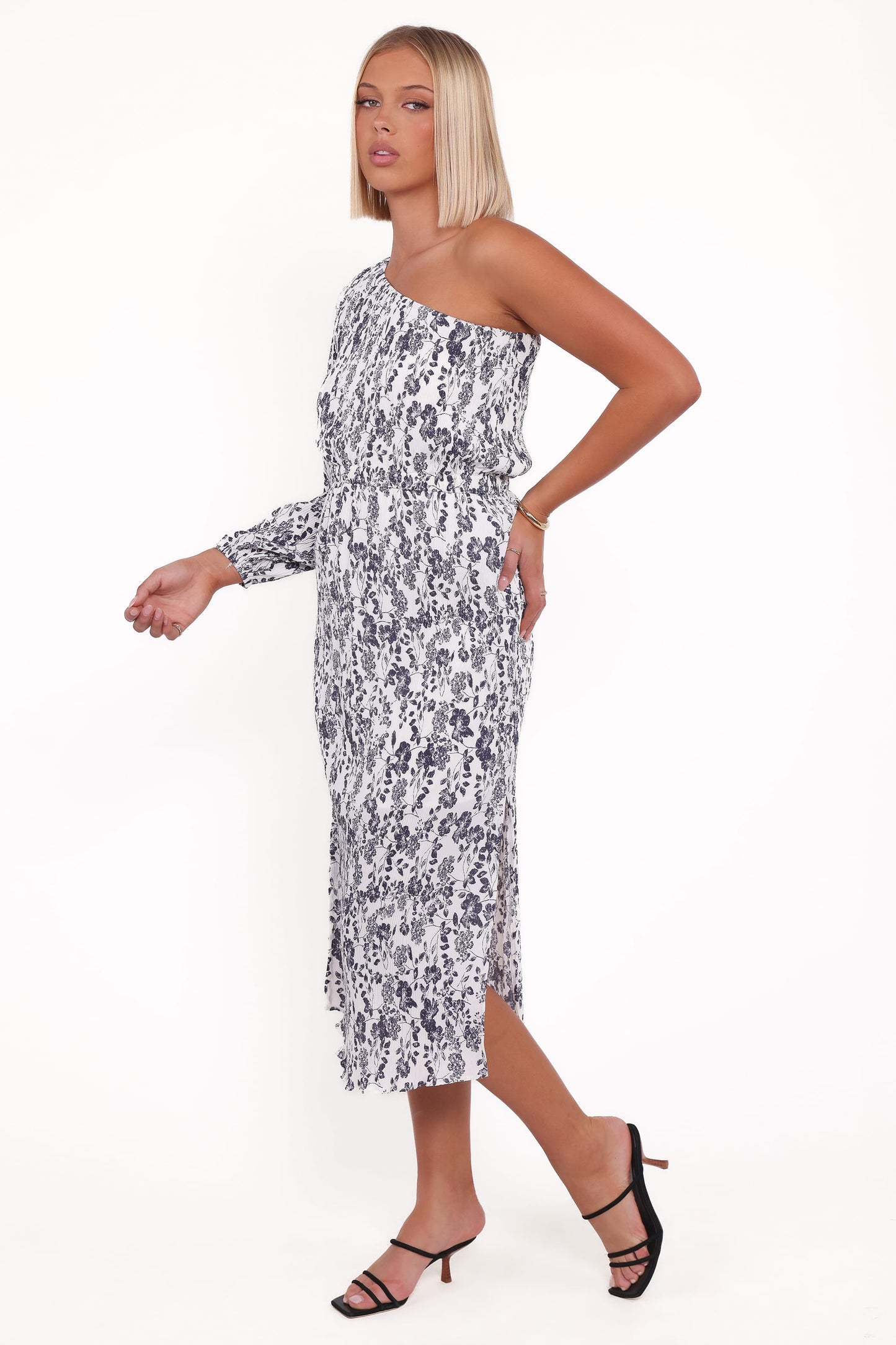 Pontee One Shoulder Pleated Midi Dress - Navy Floral